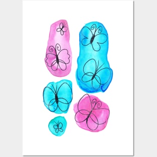 Watercolor Pink and Blue Butterflies Posters and Art